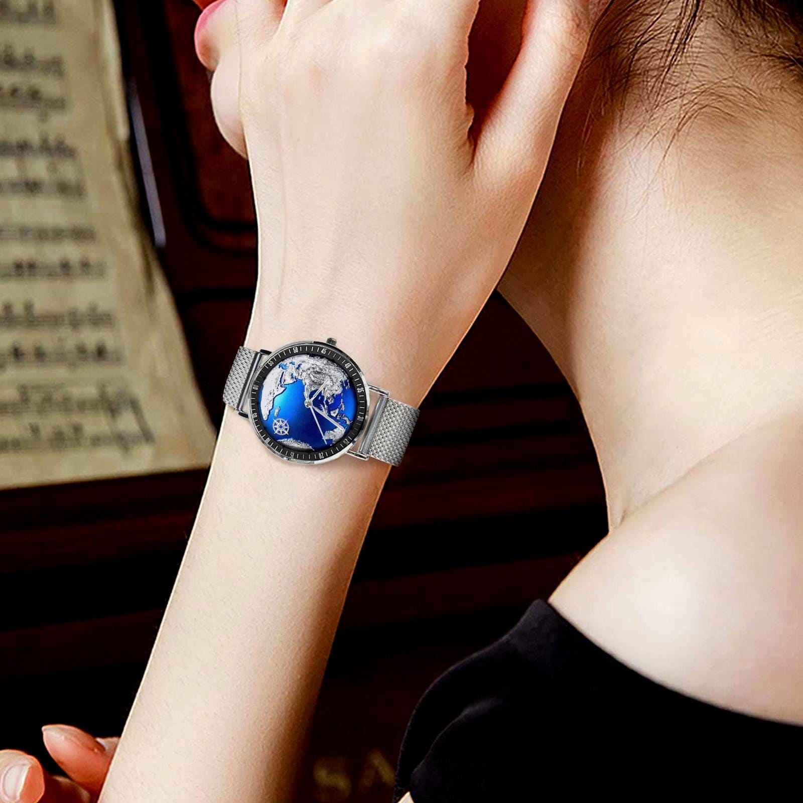 Silver & Blue 3D World Globe With Northstar All Stainless Steel Waterproof Monogram Dress Watch...