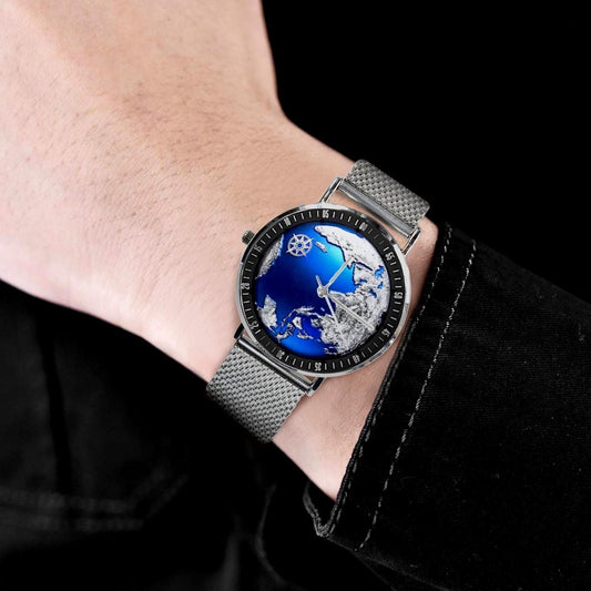 Silver & Blue 3DSilver & Blue 3D World Globe With Northstar All Stainless Steel Waterproof Monogram Dress Watch... World Globe With Northstar All Stainless Steel Waterproof Monogram Dress Watch...