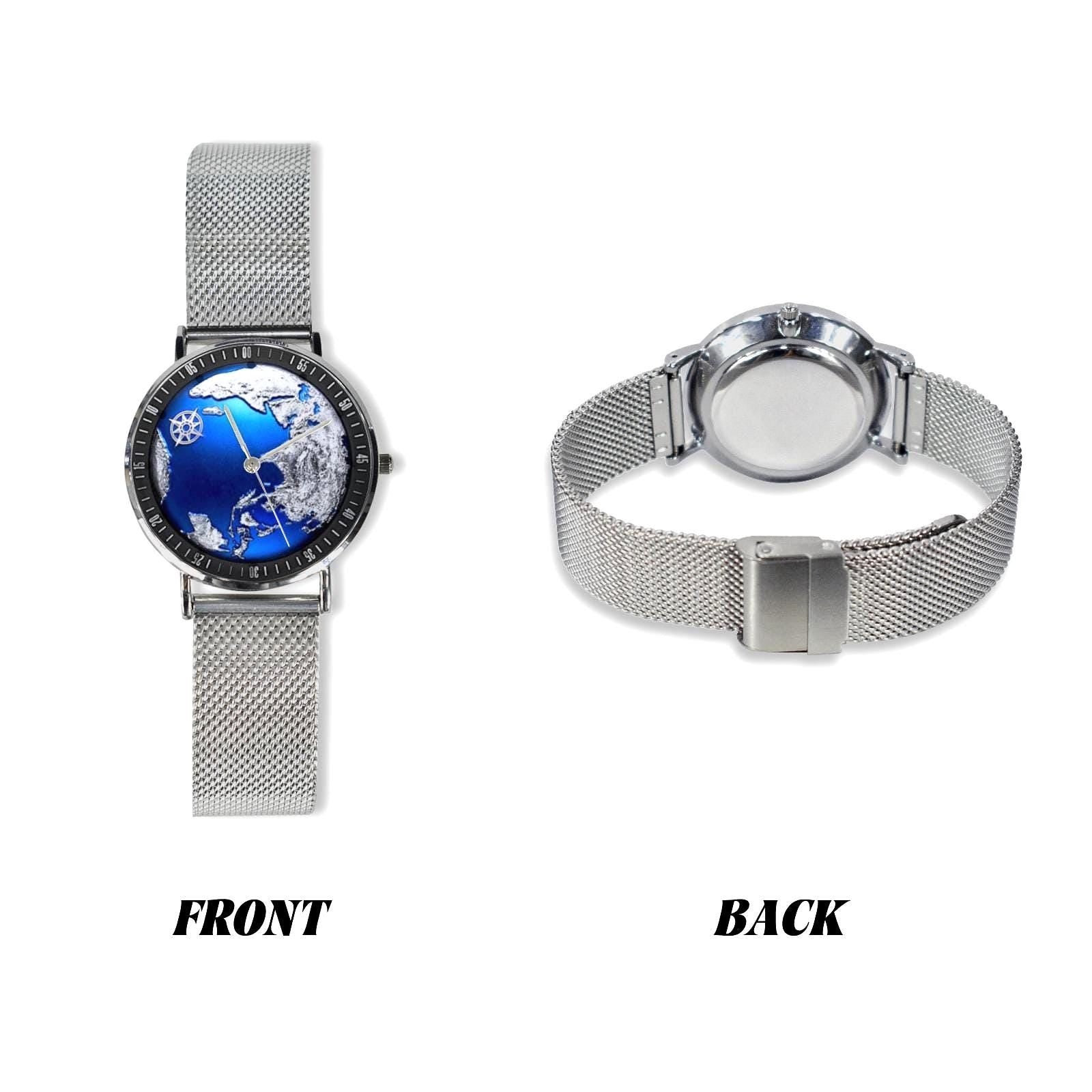 Silver & Blue 3D World Globe With Northstar All Stainless Steel Waterproof Monogram Dress Watch...