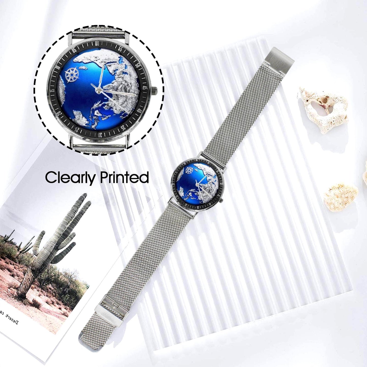 Silver & Blue 3D World Globe With Northstar All Stainless Steel Waterproof Monogram Dress Watch...