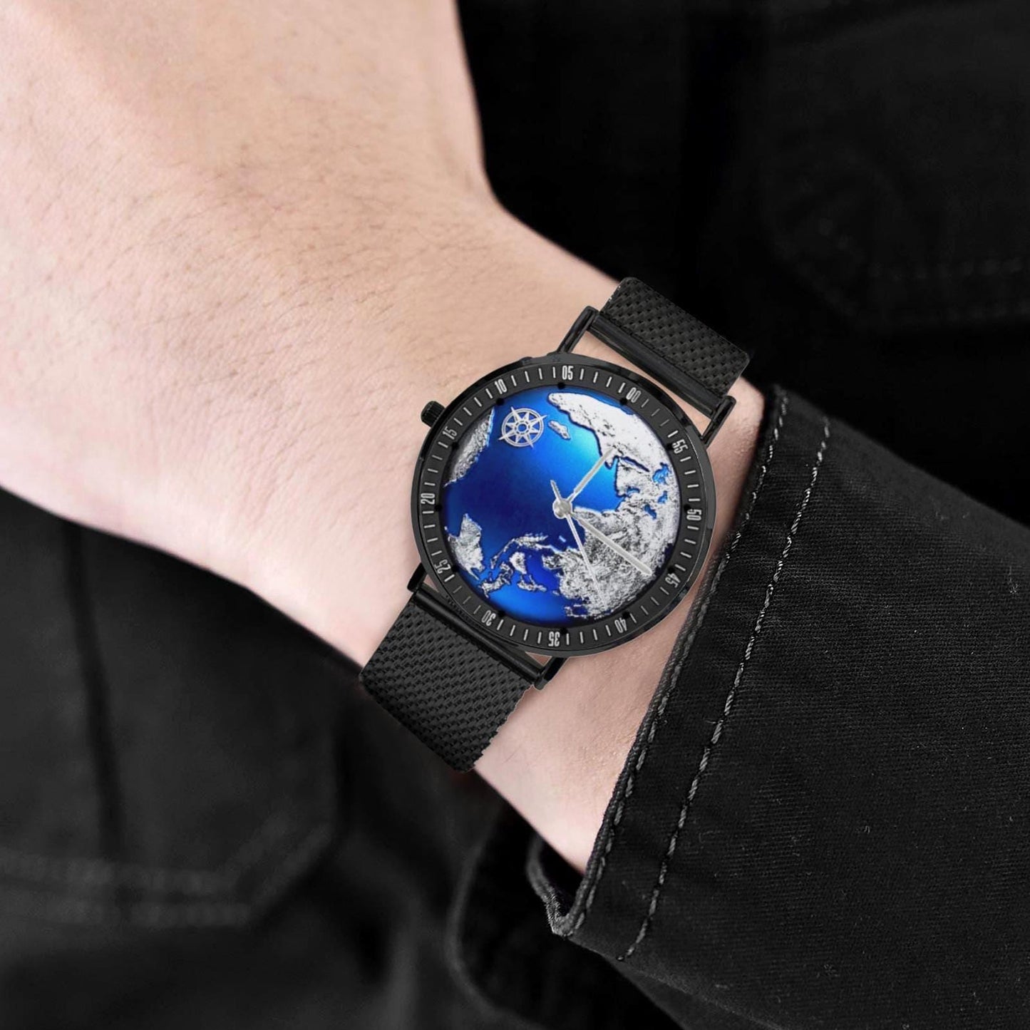 Silver & Blue 3D World Globe With Northstar All Stainless Steel Waterproof Monogram Dress Watch...