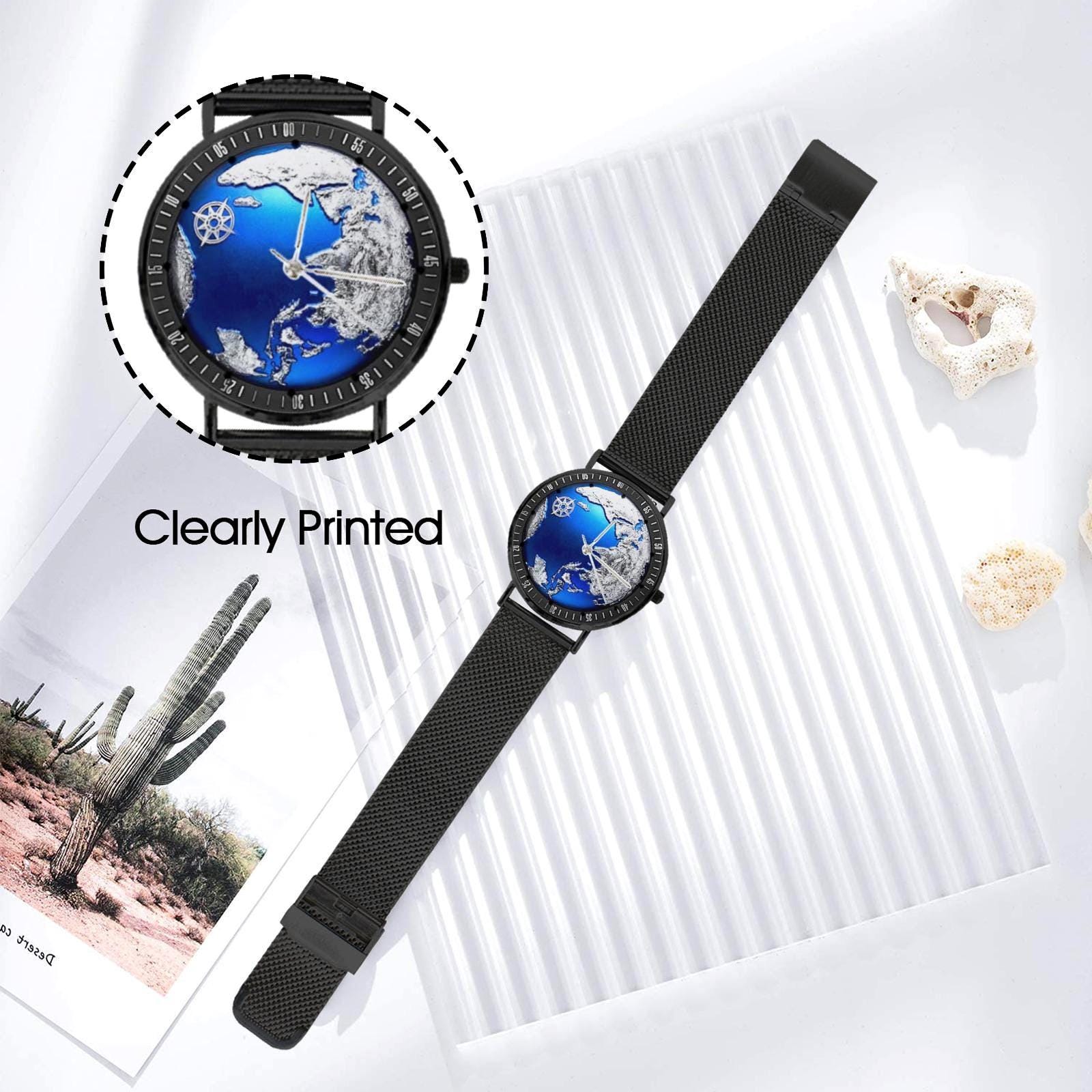 Silver & Blue 3D World Globe With Northstar All Stainless Steel Waterproof Monogram Dress Watch...