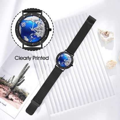Silver & Blue 3D World Globe With Northstar All Stainless Steel Waterproof Monogram Dress Watch...